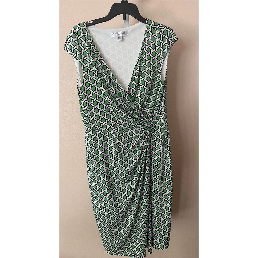 Maggy London Wrap Dress Black White Green Geometric Rings Midi Short Sleeve 6P